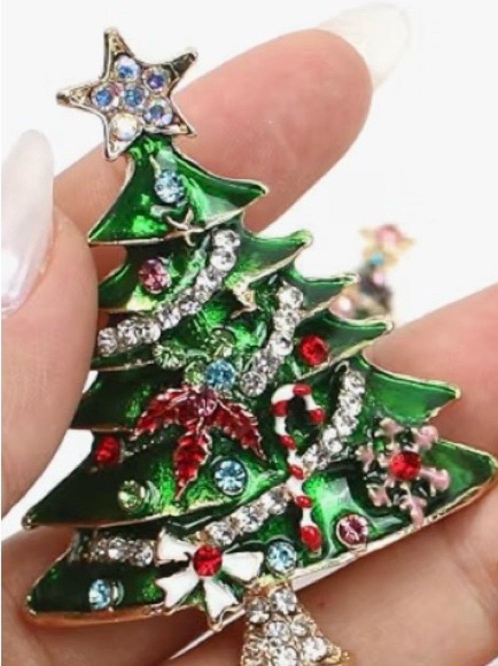 Festive Green Crystal Christmas Tree Brooch - Women Jewelry